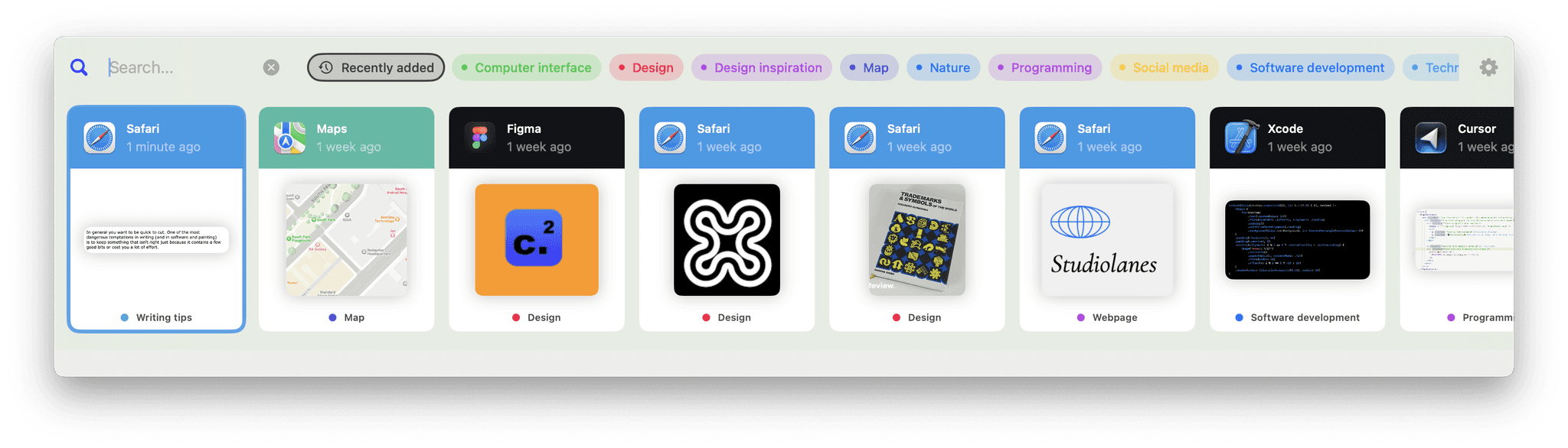 Camp's search window listing recent captures from Safari, Maps and Figma, filtered by tag