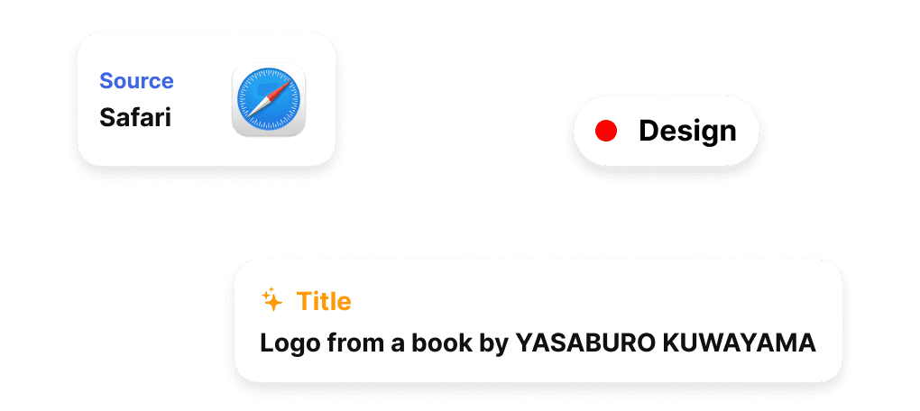 A capture tagged with its source, Safari, a red Design label, and an AI-written title: Logo from a book by YASABURO KUWAYAMA