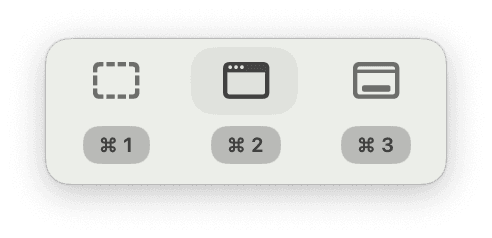Camp's three capture modes — region, window and menu bar — labelled with the shortcuts Command 1, Command 2 and Command 3
